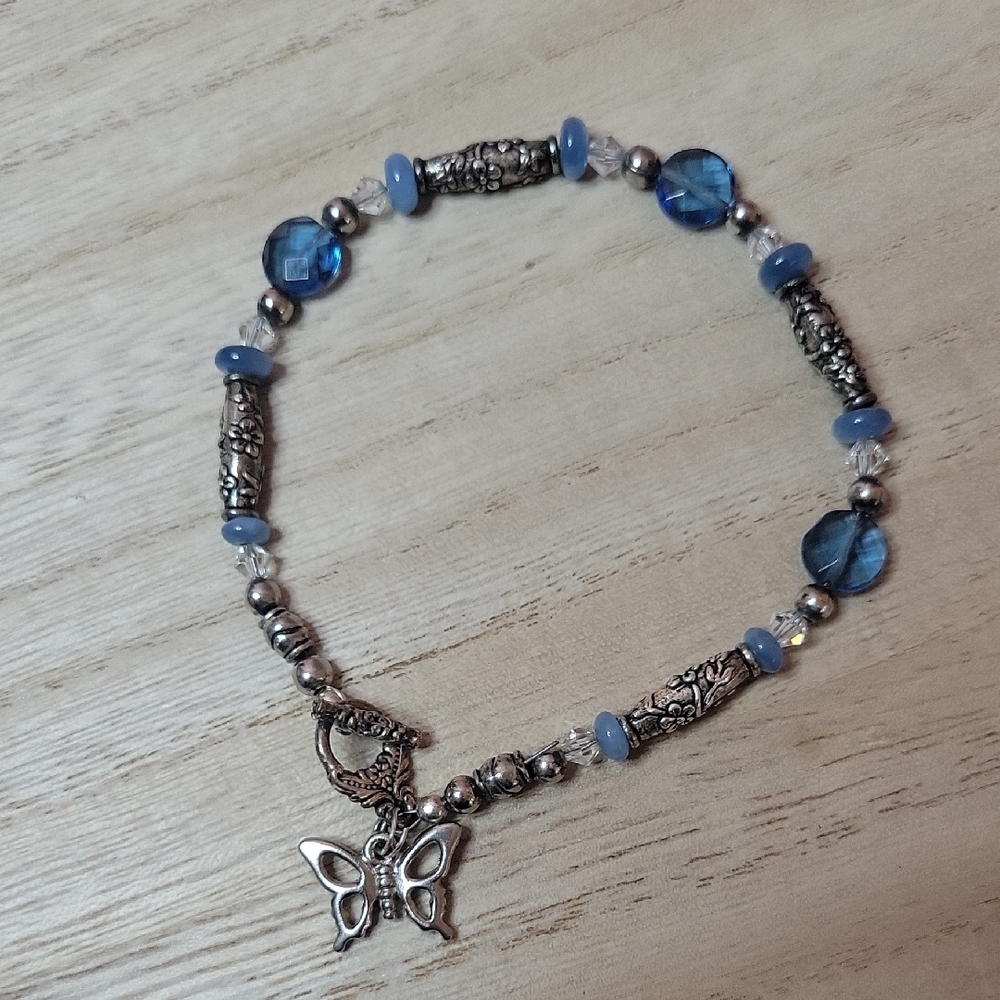 Blue and Silver Beaded Bracelet with Butterfly Charm